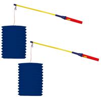 Trek lampion langwerpig 2x - donker blauw - H20 cm - papier - met lampionstokje 2x - 50 cm