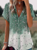 Women's Summer Green Floral Printing V Neck Daily Casual Top