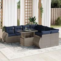 9-delige Loungeset met kussens poly rattan acacia grijs