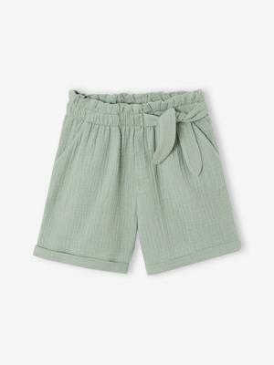 Meisjesshort in "paperbag"-stijl, van katoengaas saliegroen