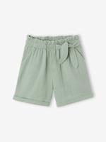 Meisjesshort in "paperbag"-stijl, van katoengaas saliegroen