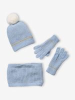Meisjesset met muts + snood + handschoenen in chenille lichtblauw - thumbnail