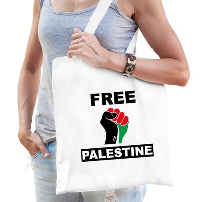 Free Palestine katoenen tasje wit heren - Palestina tas met Palestijnse vlag in vuist Free Palestine katoenen tasje wit heren - Palestina tas met Palestijnse vlag in vuist