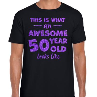 Cadeau T-shirt voor heren - leeftijd 50 jaar - awesome - zwart - glitter paars - Abraham