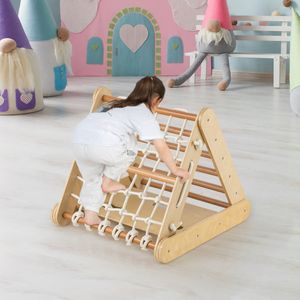 4-In-1 Klimdriehoek met Glijbaan Houten Klimrek Driehoek met Sporten om te Glijden en te Klimmen voor Kinderen Vanaf 1 Jaar