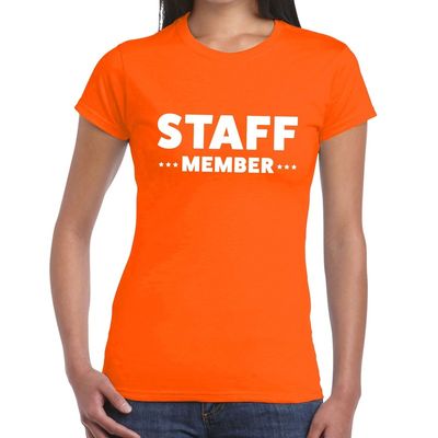 Staff member / personeel tekst t-shirt oranje dames