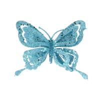 Kerstboomversiering Vlinder - 14 cm - blauw glitter - clip - ornament