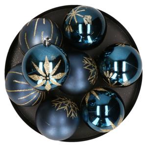 Gedecoreerde kerstballen - 16x st - 8 cm - kunststof - blauw/goud