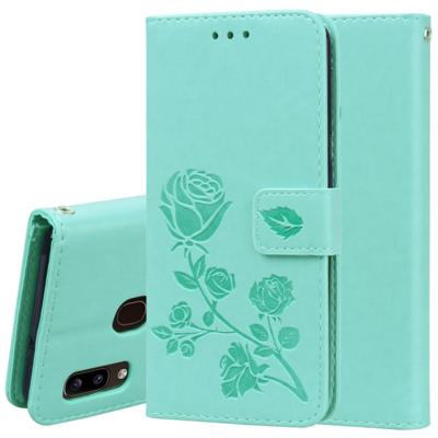 Voor Galaxy A20e ingedrukt afdrukken Rose patroon horizontale Flip PU lederen draagtas met houder & kaartsleuven & portemonnee (groen)