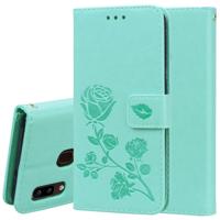 Voor Galaxy A20e ingedrukt afdrukken Rose patroon horizontale Flip PU lederen draagtas met houder & kaartsleuven & portemonnee (groen)