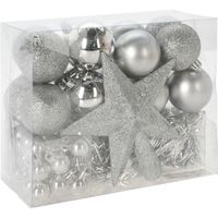 Kerstballen set 54-dlg - met piek - kunststof - zilver - voor kleine boom