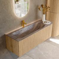 Badmeubel Mondiaz Kurve-Dlux | 135 cm | Meubelkleur Oak | Wastafelkleur Oza | Solid surface | Wasbak linker zijde spoelbak | 1 kraangat