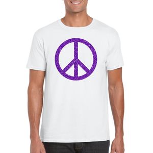 Wit Flower Power t-shirt paarse glitter peace teken heren