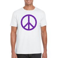 Wit Flower Power t-shirt paarse glitter peace teken heren