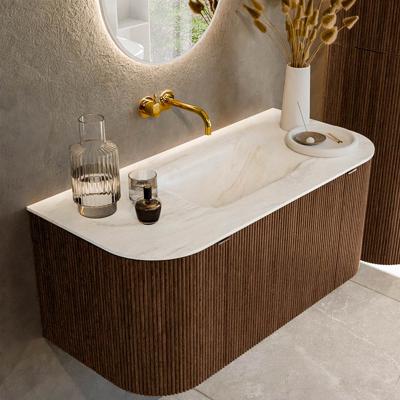 Badmeubel Mondiaz Kurve-Dlux | 100 cm | Meubelkleur Walnut | Wastafelkleur Ostra | Solid surface | Midden spoelbak | Zonder kraangat(en)