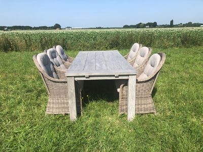 SenS-Line Parma teakset grijs - Grijze Teaktafel + 6 wicker stoelen - Showmodel Numansdorp- - Wicker- Sens-Line