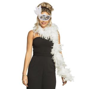 Carnaval gemaskerd bal verkleed accessoires - Venetiaans masker zilver - Boa in wit - Dames