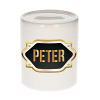 Spaarpot met voornaam Peter - wit - goud/zwart embleem - 8 x 9 cm - keramiek - afsluitdop