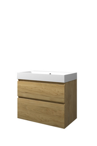 Proline polystone Loft badmeubelset met wastafelonderkast met 2 asymmetrische lades en polystone wastafel zonder kraangat 80 x 70 x 46 cm, ideal oak /