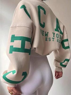 Women's Letter Print Drop Shoulder Sweatshirt | Black Fall Pullover Khaki / L