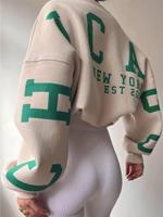 Women's Letter Print Drop Shoulder Sweatshirt | Black Fall Pullover Khaki / L