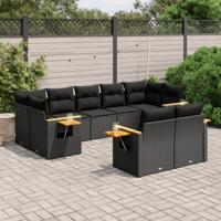 9-delige Loungeset met kussens poly rattan zwart