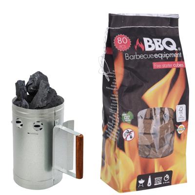 BBQ briketten/houtskool starter - met houten handvat - 27 cm - Inclusief 80x BBQ aanmaakblokjes BBQ briketten/houtskool starter - met houten handvat - 27 cm - Inclusief 80x BBQ aanmaakblokjes