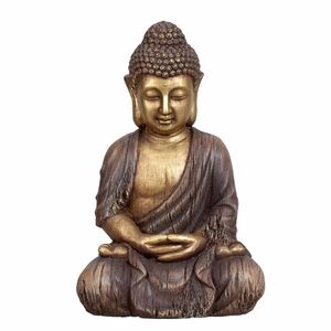 Boeddha beeldje zittend - binnen/buiten - kunststeen - bruin/goud - 30 x 45 cm - Beeldjes