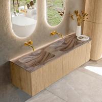Badmeubel Mondiaz Kurve-Dlux | 155 cm | Meubelkleur Oak | Wastafelkleur Sombra | Solid surface | Dubbel / Links spoelbak | Zonder kraangat(en)