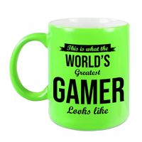 Worlds Greatest Gamer cadeau mok / beker neon groen 330 ml - feest mokken