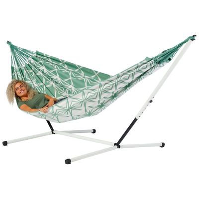 Familie hangmat met metalen standaard - 400x180cm - Groen - 200kg draagkracht- 100% katoen - binnen & buiten