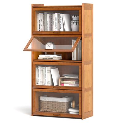 Boekenkast met 4 Verdiepingen met Acryldeuren Vitrinekast van Bamboe met 4 Vakken Opbergrek voor Werkkamer Woonkamer
