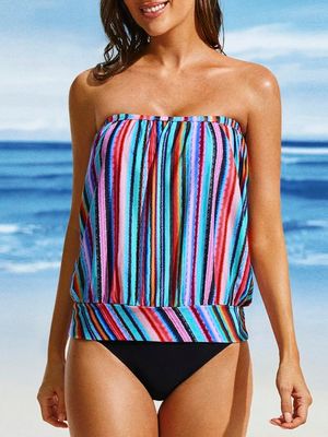 Casual Striped Printing Strapless Tankinis Two-Piece Set
