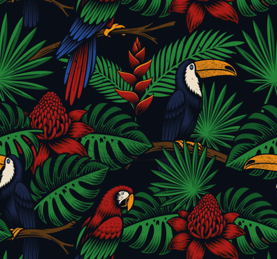 Dierenprint behang jungleplanten en papegaaien