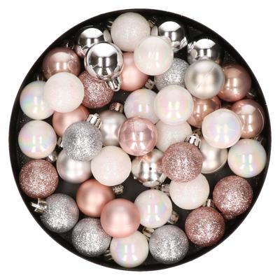 Decoris Mini kerstballen - 42x - lichtroze - parelmoer wit - zilver - D3 cm - kunststof