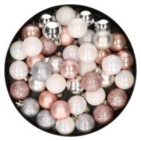Decoris Mini kerstballen - 42x - lichtroze - parelmoer wit - zilver - D3 cm - kunststof