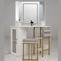 Kaptafel met Kruk Verlichting en Oplaadstation Hoekkaptafel met Driezijdige Spiegel