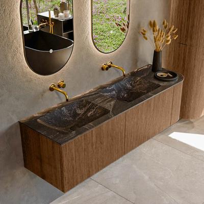 Mondiaz KURVE-DLUX 155 cm Onderkast Greeploos 2 Lades Met Deuren Walnut, Wastafel Solid Surface Links Lava 0 Kraangaten Zonder Spiegel (KRVLEA155R2L1D0KD-Wal/Lav)