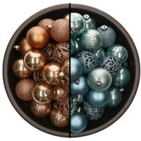 74x stuks kunststof kerstballen mix van camel bruin en ijsblauw 6 cm