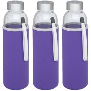 3x stuks glazen waterfles/drinkfles met paarse softshell bescherm hoes 500 ml