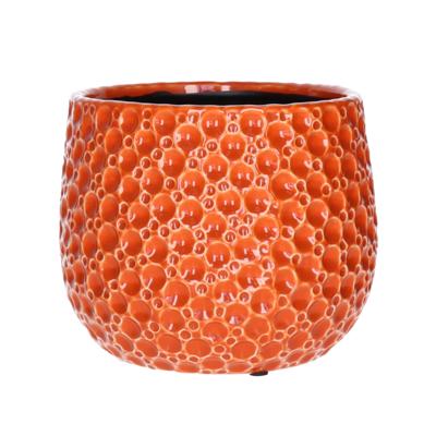 Plantenpot/bloempot Pebblo - keramiek/geglazuurd?- oranje - druppels - D21 x H17 cm