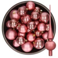 Kerstversiering kunststof kerstballen met piek oud roze 6-8-10 cm pakket van 45x stuks - Kerstbal - thumbnail