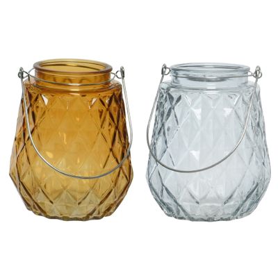 Set van 2x stuks theelichthouders/waxinelichthouders ruitjes glas cognac en ijsblauw 11 x 13 cm