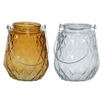 Set van 2x stuks theelichthouders/waxinelichthouders ruitjes glas cognac en ijsblauw 11 x 13 cm