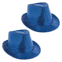 Carnaval verkleed Trilby hoedje met glitter pailletten - 2x - blauw - polyester - heren/dames - thumbnail