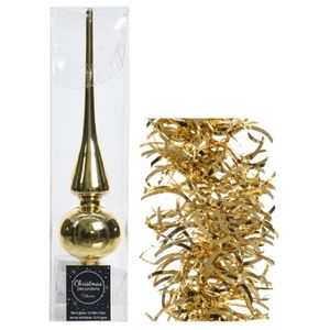 Kerstversiering glazen piek glans 26 cm en golf folieslingers pakket goud van 3x stuks