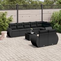 9-delige Loungeset met kussens poly rattan zwart
