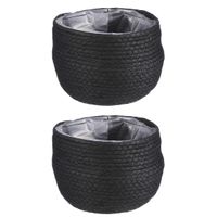 2x stuks naturel zwart rotan planten pot mand van gedraaid jute/riet H15 en D18 cm