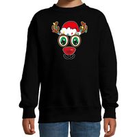 Kersttrui/sweater voor kinderen - Rudolf gezicht - rendier - zwart - thumbnail