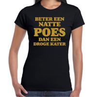 Verkleed T-shirt dames - natte poes droge kater -  zwart - glitter goud - themafeest fout/goud/stout